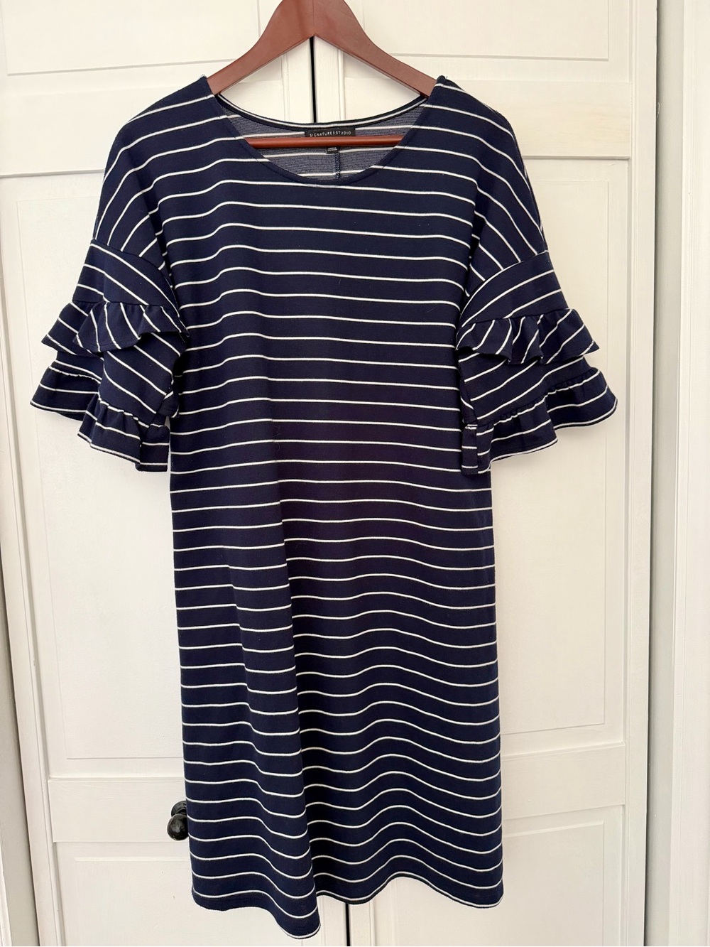Navy Striped Ruffle Sleeve Dress - Casual Women’s Dress